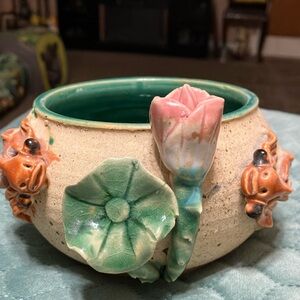 Vintage Chinese MAJOLICA, drip lily pad and goldfish egg bowl